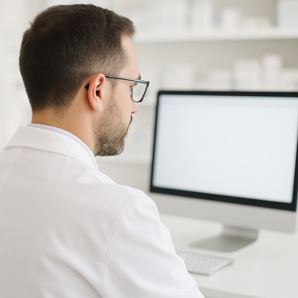 photographic We are looking over a mans shoulder from his left profile  but from a small distance still He has glasses and a white pharmacists blouse-1